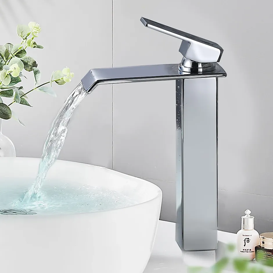Homelody Robinet Salle de Bain Cascade Mitigeur de Lavabo Haut Robinetterie pour Vasque Chromé Design Moderne