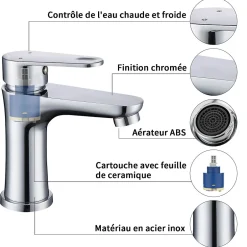 Homelody Robinet Salle de Bain Chromé Mitigeur de Lavabo à Deux Voies pour Salle de Bain Robinet Lavabo en Acier Inox