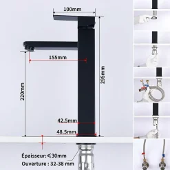 Homelody Robinet Salle de Bain Haut Mitigeur Salle Bain pour Vasque Robinet de Lavabo avec Poignée Carré Design Moderne Noir* Robinet Lavabo Et Vasque