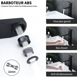 Homelody Robinet Salle de Bain Haut Mitigeur Salle Bain pour Vasque Robinet de Lavabo avec Poignée Carré Design Moderne Noir* Robinet Lavabo Et Vasque