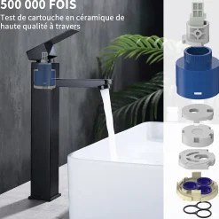 Homelody Robinet Salle de Bain Haut Mitigeur Salle Bain pour Vasque Robinet de Lavabo avec Poignée Carré Design Moderne Noir* Robinet Lavabo Et Vasque