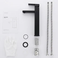 Homelody Robinet Salle de Bain Haut Mitigeur Salle Bain pour Vasque Robinet de Lavabo avec Poignée Carré Design Moderne Noir* Robinet Lavabo Et Vasque