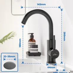 Auralum Max Robinet Salle de Bain Mitigeur lavabo, Noir , Robinet lavabo en Laiton , Froide/Chaude