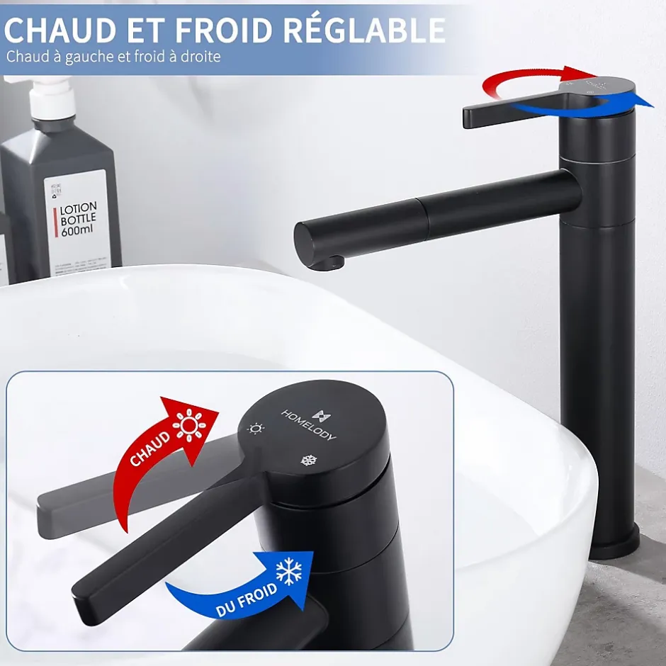 Homelody Robinet Salle de Bain Noir Mitigeur pour Vasque Haut Bec Pivotant Robinetterie de Lavabo en Acier Inox Design Moderne* Robinet Lavabo Et Vasque