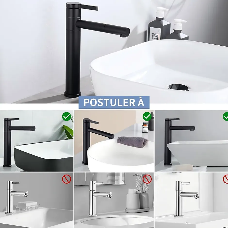 Homelody Robinet Salle de Bain Noir Mitigeur pour Vasque Haut Bec Pivotant Robinetterie de Lavabo en Acier Inox Design Moderne* Robinet Lavabo Et Vasque