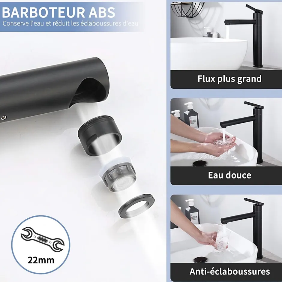 Homelody Robinet Salle de Bain Noir Mitigeur pour Vasque Haut Bec Pivotant Robinetterie de Lavabo en Acier Inox Design Moderne* Robinet Lavabo Et Vasque