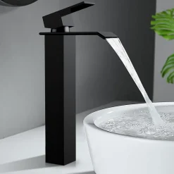 Homelody Robinet Salle de Bain Noir Cascade Grand Mitigeur Lavabo en Laiton Robinetterie Lave-mains pour Vaque Salle de Bain Design Moderne