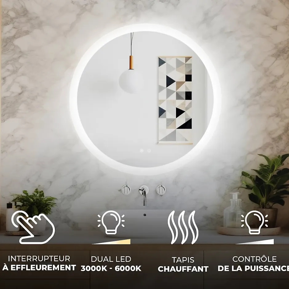 Artforma Rond Miroir Salle de Bain 80cm, Miroir led avec Tactile, Systeme Couleur DUAL LED et Fonction Anti-buée