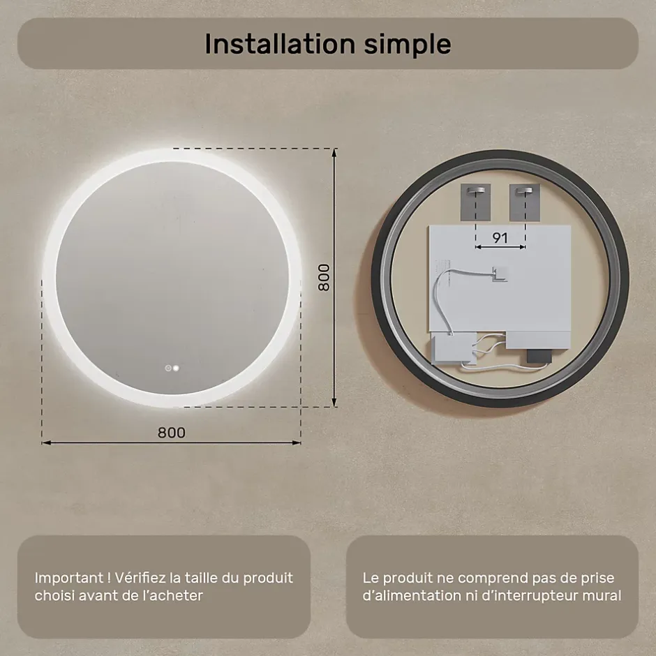 Artforma Rond Miroir Salle de Bain 80cm, Miroir led avec Tactile, Systeme Couleur DUAL LED et Fonction Anti-buée