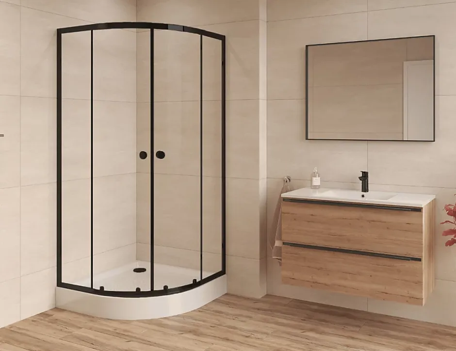 Swiss Aqua Technologies SAT PROJECT Douche quart de cercle 80x80cm coulissante avec profilé noir mat (SATPROMUS80CT)* Porte De Douche