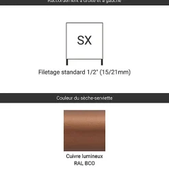 Matisere Sèche-serviette eau chaude cuivre lumineux de 860mm de haut et 500mm de large - 422 Watt - DEX860/500SXBCO* Sèche-Serviettes Eau Chaude