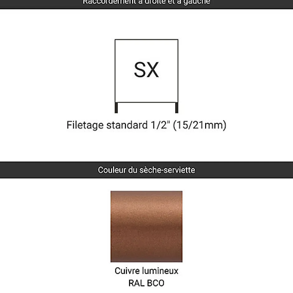 Matisere Sèche-serviette eau chaude cuivre lumineux de 860mm de haut et 500mm de large - 422 Watt - DEX860/500SXBCO* Sèche-Serviettes Eau Chaude