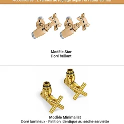Matisere Sèche-serviette eau chaude doré de 800mm de haut et 504mm de large - 210 Watt - RET800/504SXBRA