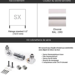 Matisere Sèche-serviette eau chaude chromé de 1510mm de haut et 600mm de large - 510 Watt - BON1510/600SXCROK* Sèche-Serviettes Eau Chaude