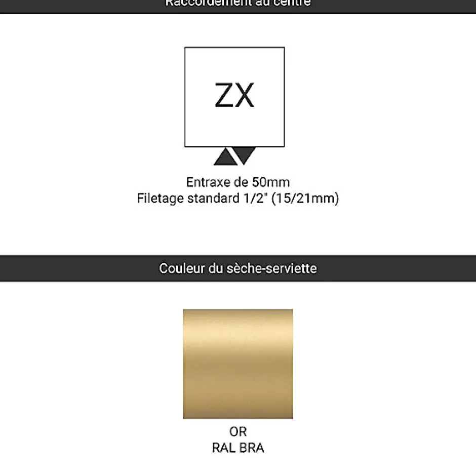 Matisere Sèche-serviette eau chaude doré de 1140mm de haut et 500mm de large - 591 Watt - ALE1140/500ZXBRA