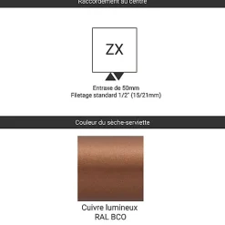 Matisere Sèche-serviette eau chaude cuivre lumineux de 1760mm de haut et 400mm de large - 646 Watt - DEX1760/400ZXBCO* Sèche-Serviettes Eau Chaude