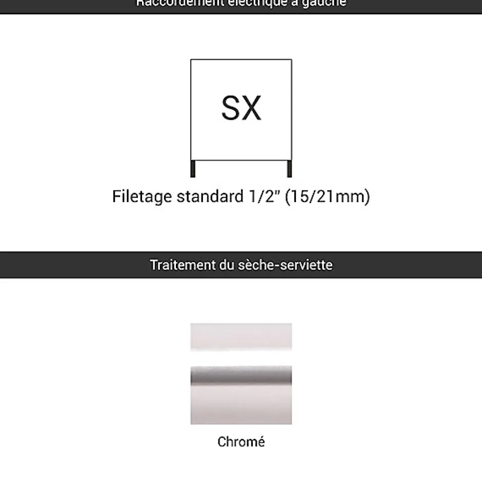 Matisere Sèche-serviette eau chaude chromé de 1260mm de haut / 500mm de large - 387 Watt - BON1260/500SXCRO