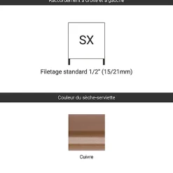 Matisere Sèche-serviette eau chaude cuivre de 1170mm de haut et 504mm de large - 210 Watt - RET1170/504SXCOP