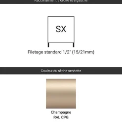 Matisere Sèche-serviette eau chaude champagne 1380mm de haut et 436mm de large - 530 Watt - LEN1380/436SXCPG* Sèche-Serviettes Eau Chaude