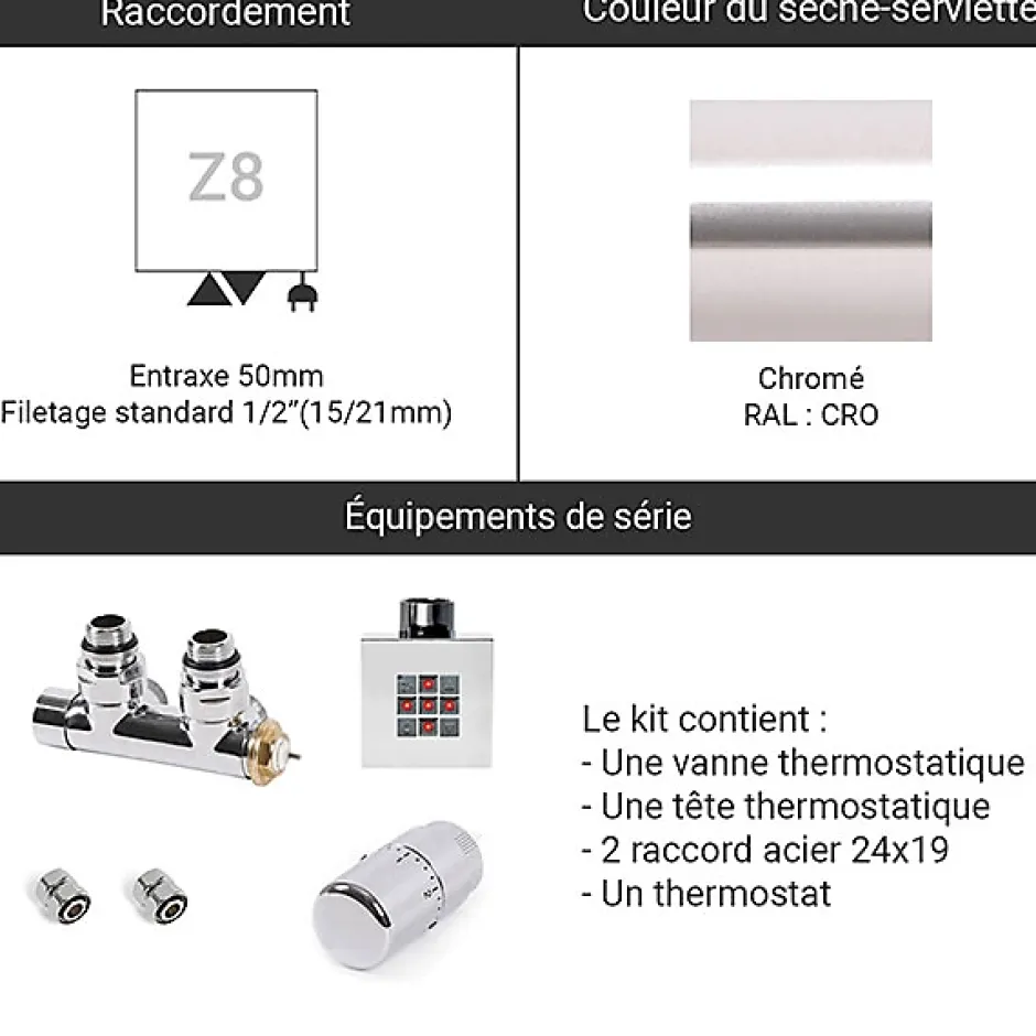 Matisere Sèche-serviette eau chaude chromé de 1070mm de haut et 500mm de large - 285 Watt - ZIG1070/500KDZ8CRO