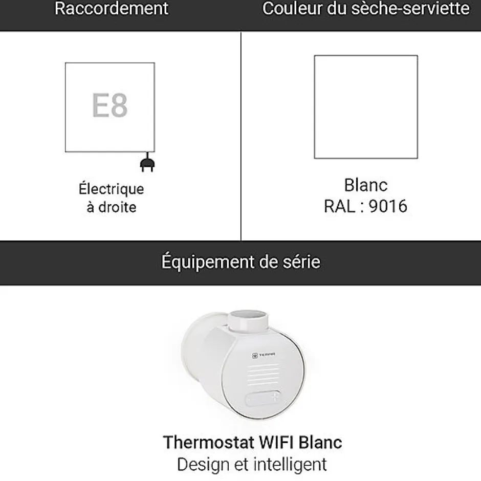 Matisere Sèche-serviette électrique blanc thermostat wifi - HxL 1580x800mm - 1200 Watt - ALE1580/800E8BW