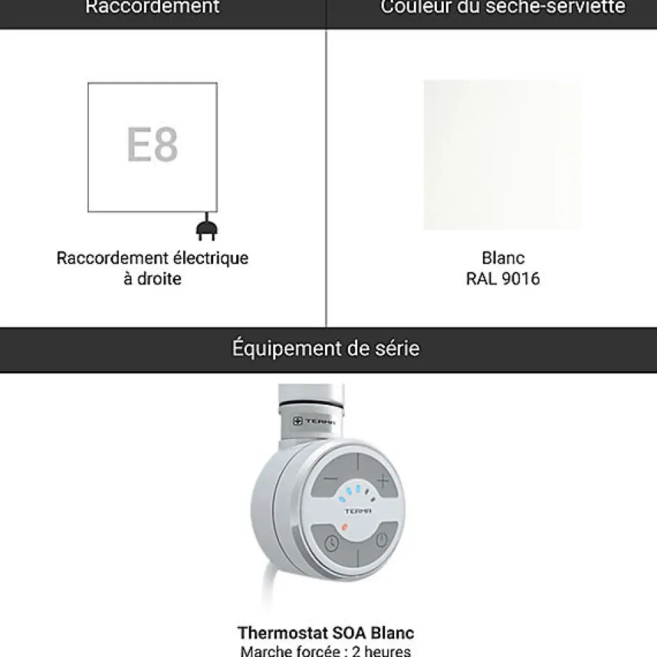 Matisere Sèche-serviette électrique blanc de 1620mm de haut et 400mm de large - 800 Watt - MIC1620/400E8SOABB* Sèche-Serviettes Électrique