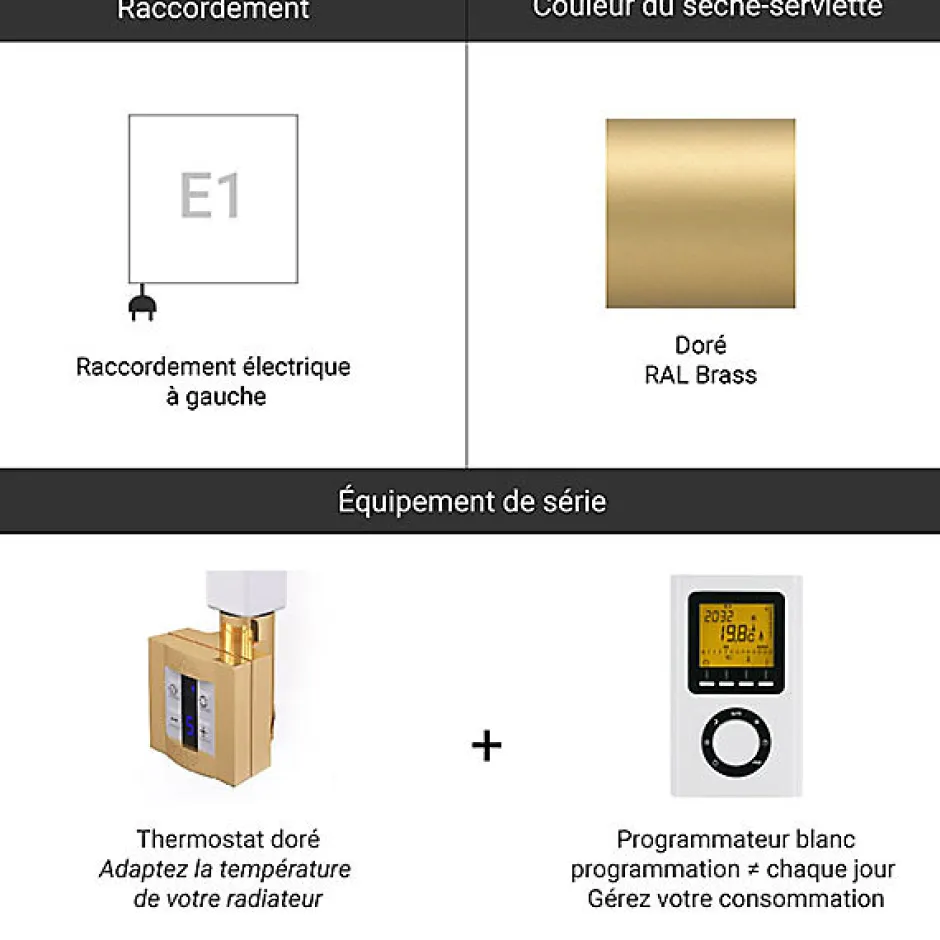 Matisere Sèche-serviette électrique programmable doré - HxL 1780x500 mm - 600 Watt - ZIG1780/500E1BRAP