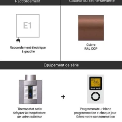 Matisere Sèche-serviette électrique programmable cuivré - HxL : 753x600 - 400 Watt - JAD753/600E1COPP* Sèche-Serviettes Électrique