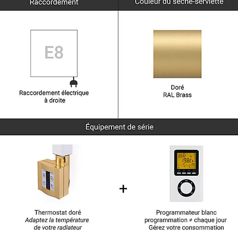 Matisere Sèche-serviette électrique programmable doré - HxL 1390x400 mm - 400 Watt - VIV1390/400E8BRAP