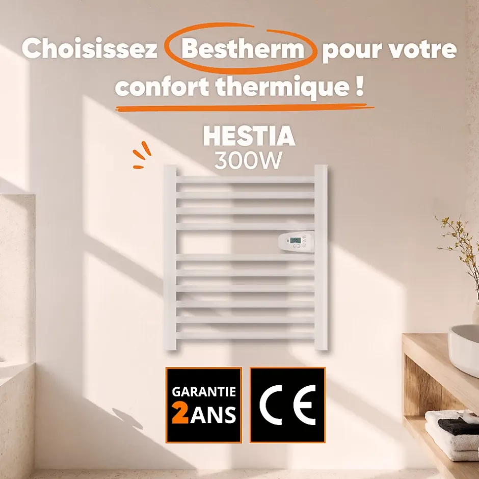 Bestherm Sèche-serviette électrique sans fluide 300W H.62xL54cm HESTIA blanc* Sèche-Serviettes Mixte
