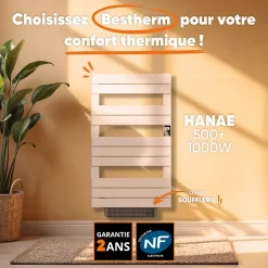 Bestherm Sèche-serviette électrique sans fluide avec soufflerie 500W+1000W H.108,4xL60cm HANAE blanc