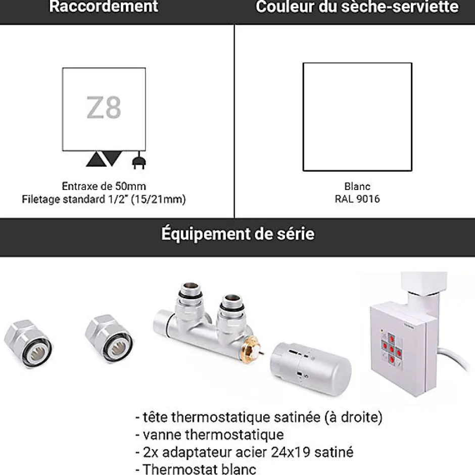 Matisere Sèche-serviette mixte blanc de 1545mm de haut et 500mm de large - 581 Watt - ZIG1545/500KDZ8B