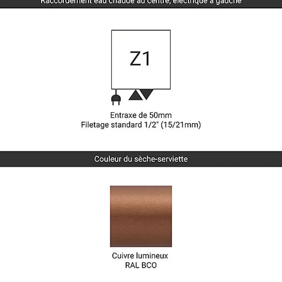Matisere Sèche-serviette mixte cuivre lumineux de 1710mm de haut et 400mm de large - 531 Watt - VIP1710/400Z1BCO