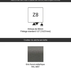 Matisere Sèche-serviette mixte gris de 1780mm de haut et 500mm de large - 627 Watt - ZIG1780/500Z8MST
