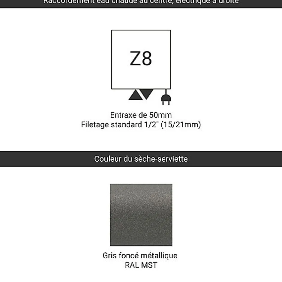 Matisere Sèche-serviette mixte gris de 1780mm de haut et 500mm de large - 627 Watt - ZIG1780/500Z8MST