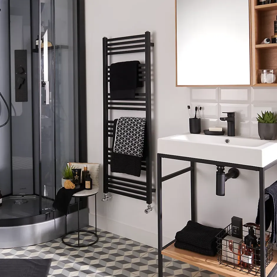 GoodHome Sèche-serviettes eau chaude en acier Duala noir 24 barres - 518 W