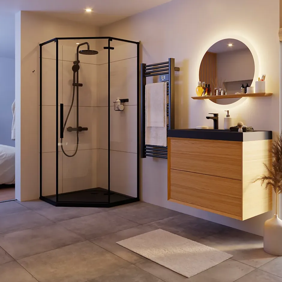 GoodHome Sèche-serviettes eau chaude en acier Duala noir 24 barres - 518 W