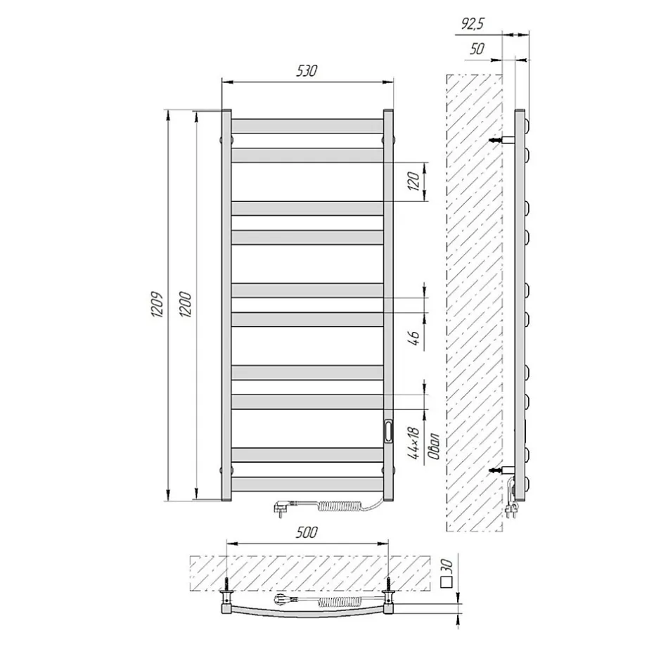 Laris Sèche-serviettes électrique ATLANT 500x1200 avec minuterie ECO, 300W, Noir