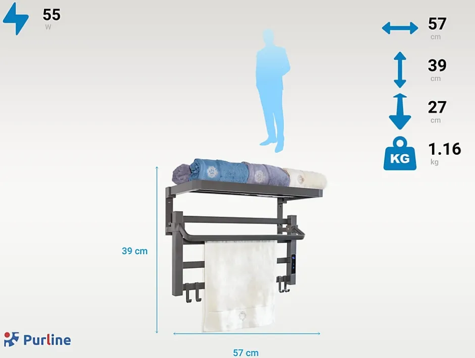 Pureline Sèche-serviettes électrique avec étagère gris anthracite 55W