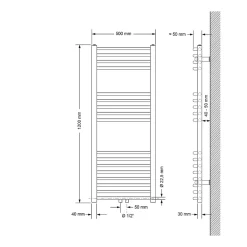 Luxebath Sèche-Serviettes Sahara Non Électrique - 500 x 1200 mm - Blanc - Connexion Central - sans Kit de Raccordement - Forme Courbé