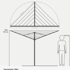 Brabantia Séchoir à linge parapluie 50 m d'étendage avec housse et douille, Topspin