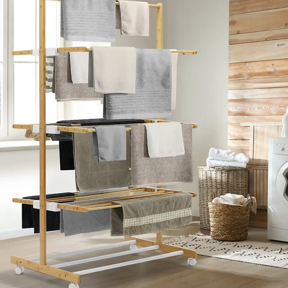 IDMarket Séchoir à linge pliable 3 niveaux RITA capacité 22M en bambou* Etendoir À Linge