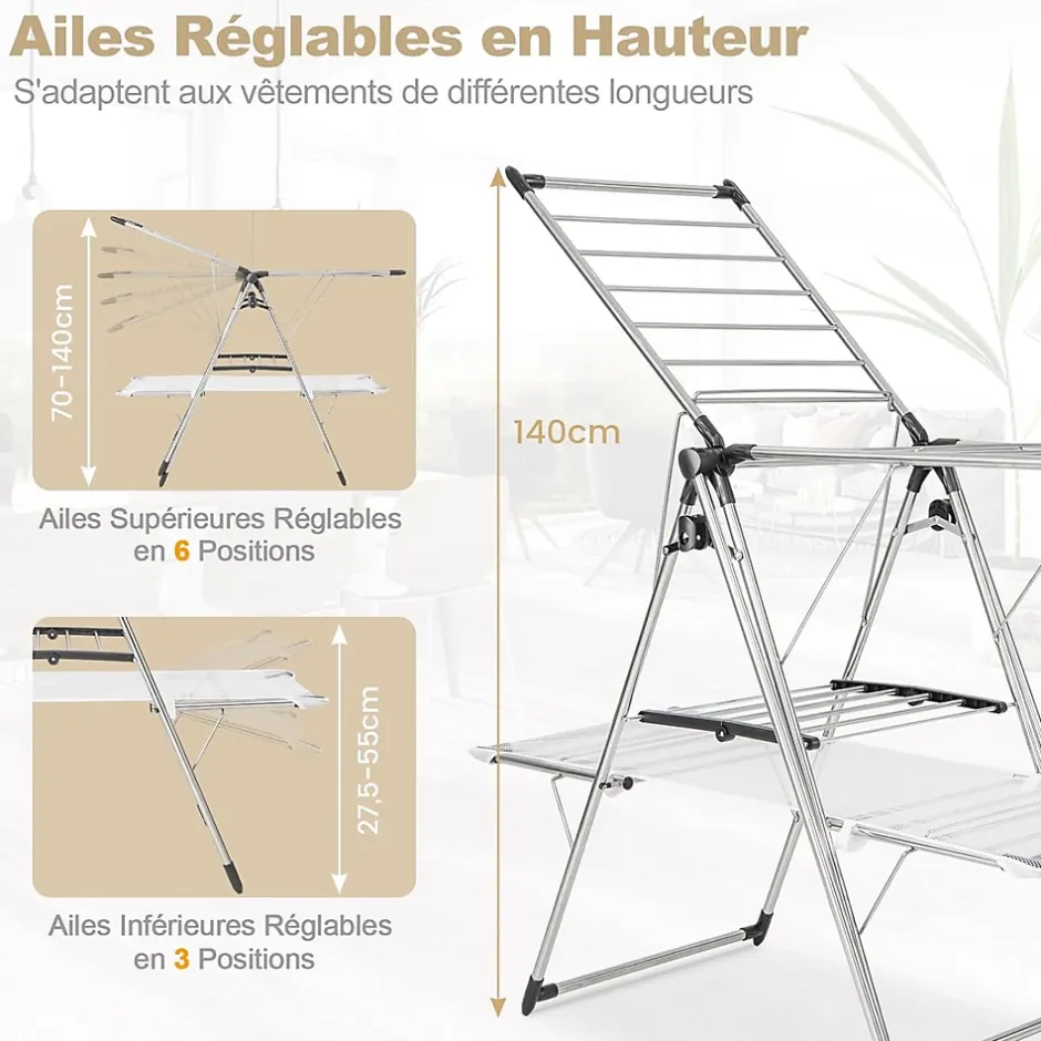 Giantex Séchoir à Linge Pliable, Barre de Suspension, Ailes Réglables, Pinces à Chaussettes, Tissu en Maille ,Crochets à Chaussures* Etendoir À Linge