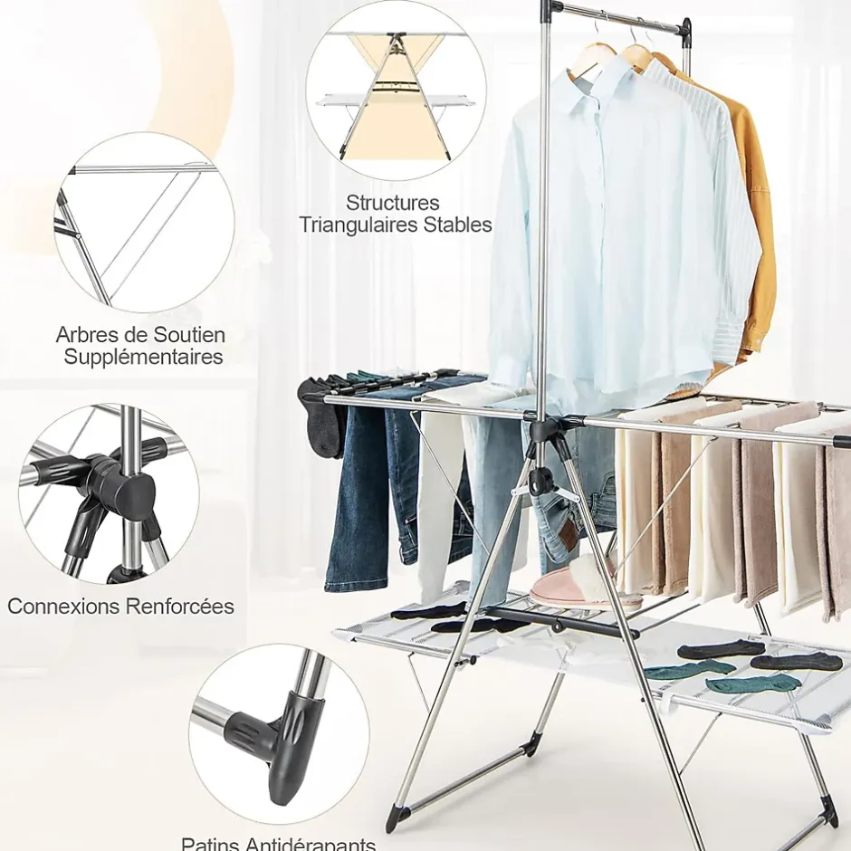 Giantex Séchoir à Linge Pliable, Barre de Suspension, Ailes Réglables, Pinces à Chaussettes, Tissu en Maille ,Crochets à Chaussures* Etendoir À Linge