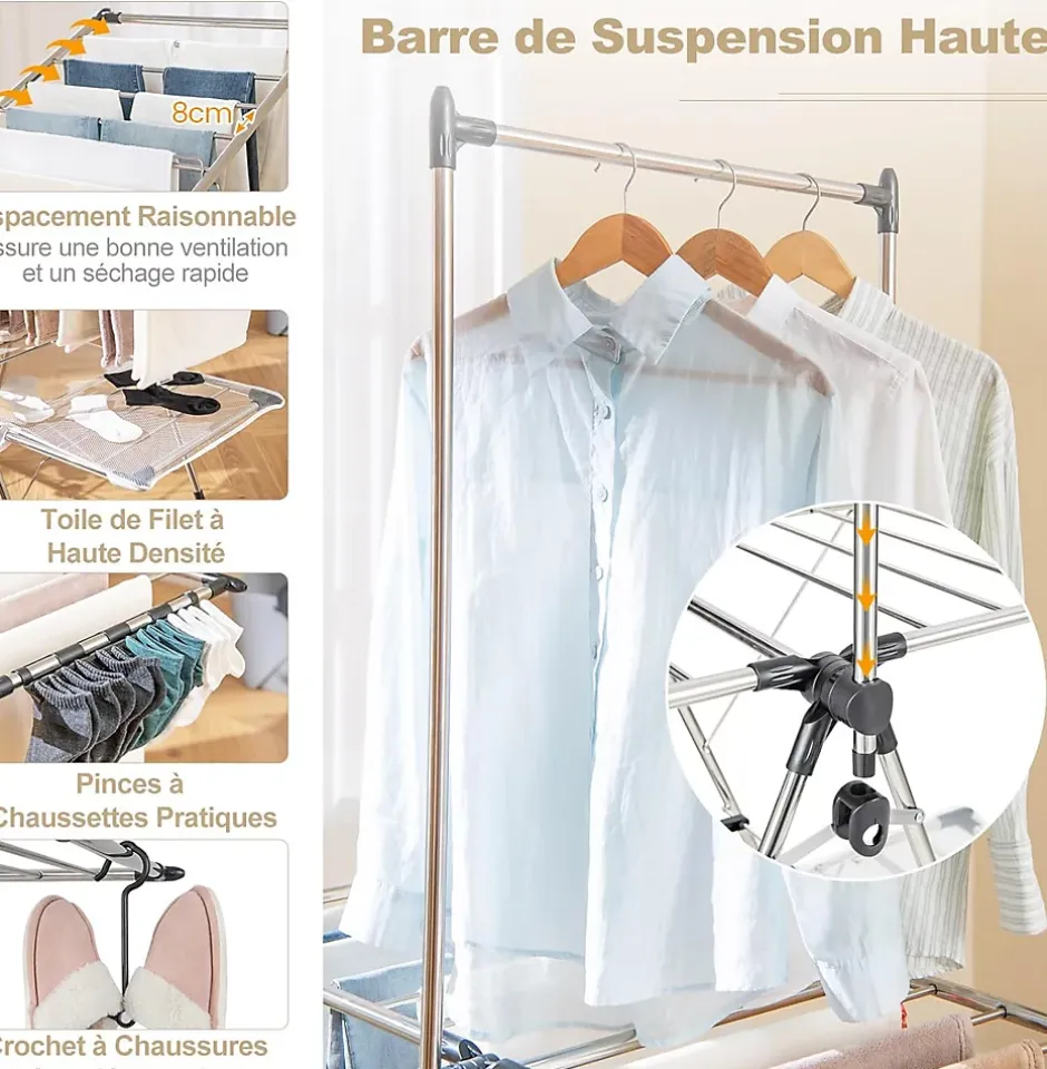 Giantex Séchoir à Linge Pliable, Barre de Suspension, Ailes Réglables, Pinces à Chaussettes, Tissu en Maille ,Crochets à Chaussures* Etendoir À Linge