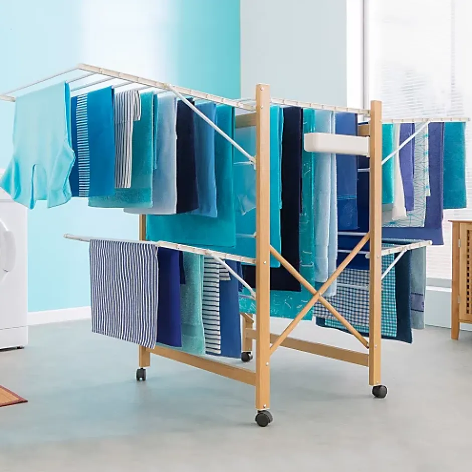 IDMarket Séchoir à linge pliable DELUXE capacité 27M blanc et effet bois