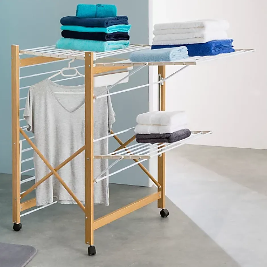 IDMarket Séchoir à linge pliable DELUXE capacité 27M blanc et effet bois