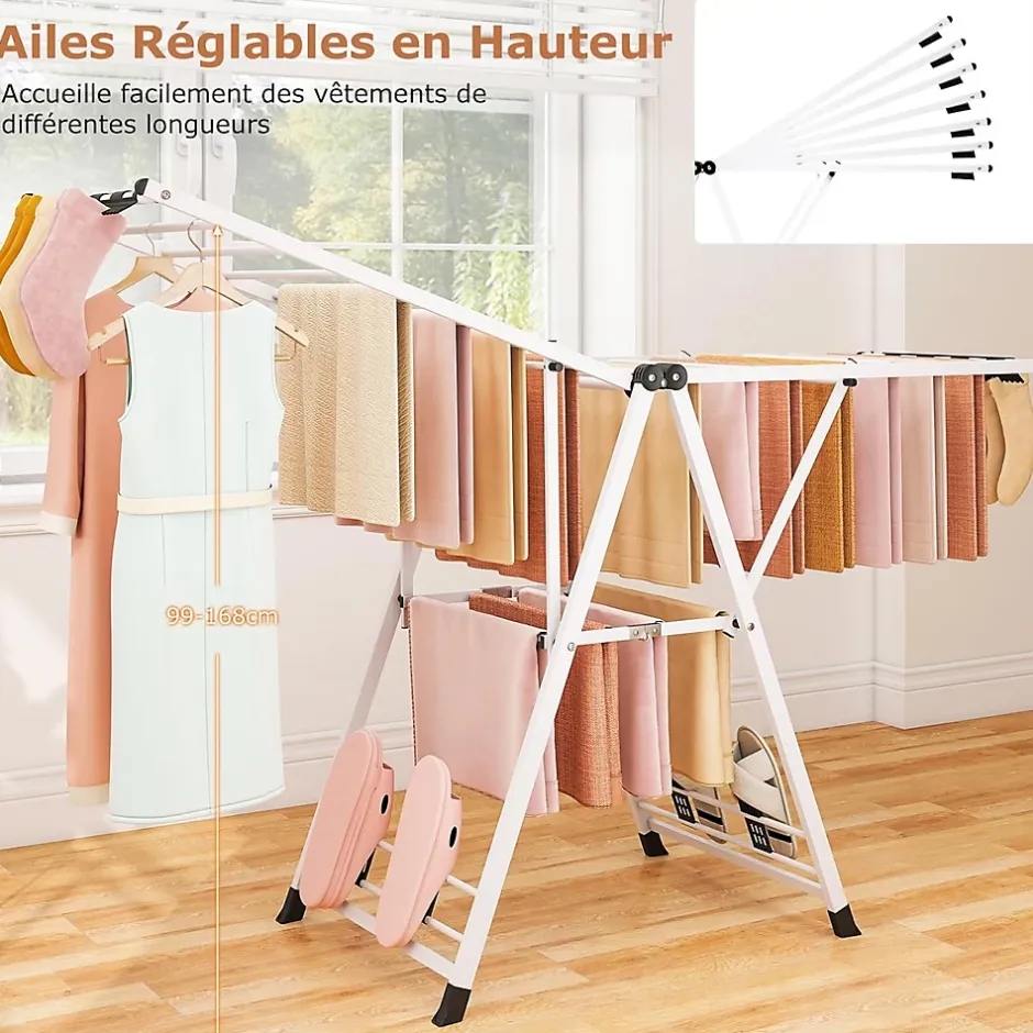 Giantex Séchoir à Linge Pliante, avec Ailes Latérales Hauteur Réglable, 20 Barres, Chaussures, Vêtements (1,8 M,Blanc)