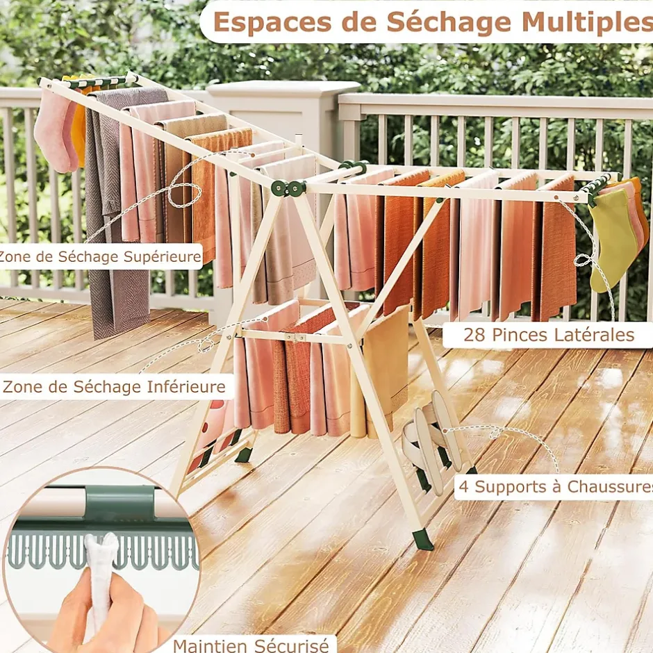 Giantex Séchoir à Linge Pliante, avec Ailes Latérales Hauteur, 18 Barres, Chaussures, Vêtements (1,6 M,Beige)