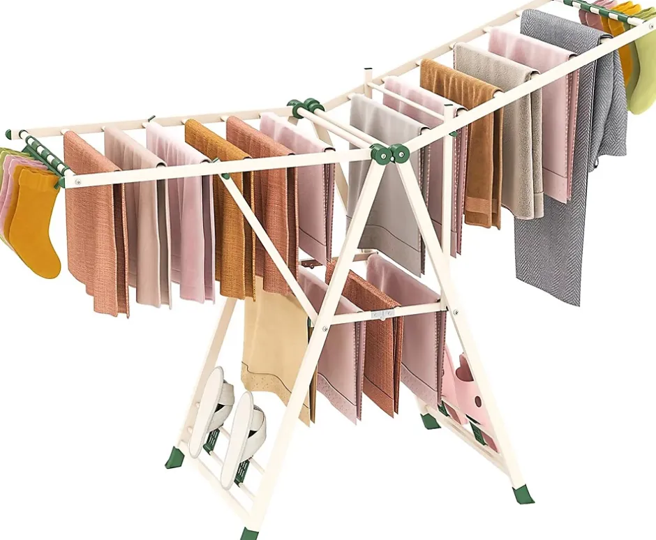Giantex Séchoir à Linge Pliante, avec Ailes Latérales Hauteur, 18 Barres, Chaussures, Vêtements (1,6 M,Beige)